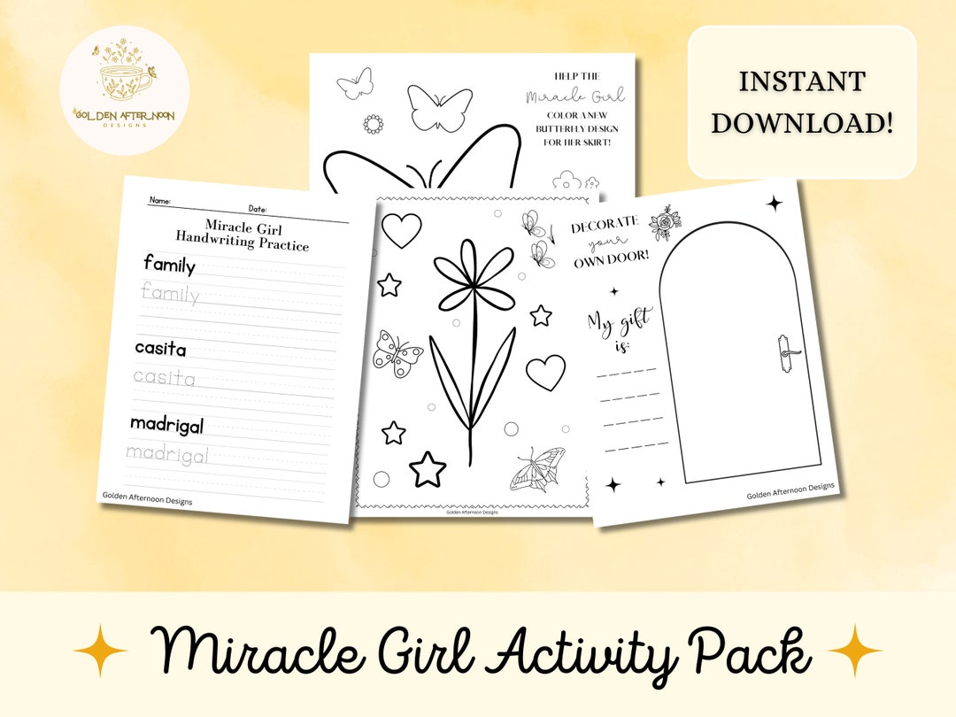 Miracle Girl Activity Worksheet Pack Handwriting &amp; Crafts Encanto Party ...