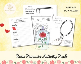 Belle Rose Princess Worksheet Activity Pack/Disney Beauty and the Beast Learning for Kids Handwriting Coloring Printable Party Favors