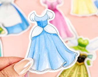 Cinderella Princess Dress Vinyl Waterproof Sticker / Tea Party Dress, Party Favors, Journal Laptop Bottle Decal, Fantasy Scrapbook Stickers