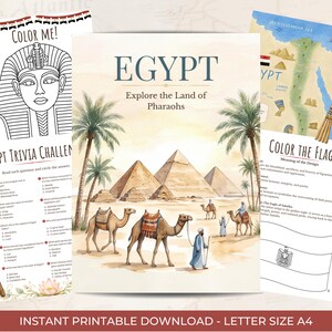 May include: A printable educational activity set about Egypt featuring a central cover page with pyramids, palm trees, and camels. Includes a trivia challenge sheet, a colouring page of a pharaoh, a map of Egypt, a flag colouring page, and a magnifying glass.