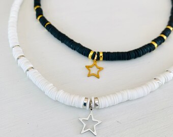 Heishi necklace with star pendant, surfer choker, black or white with hematite, polymer clay chain, gift