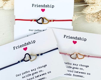 Friendship bracelet, with card, double heart, macrame bracelet, love and friendship, in gold, silver or rose gold, size adjustable