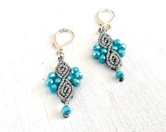 Earrings silver and light blue, boho earrings small, macrame earrings silver 925, handmade earrings, Easter gift for woman