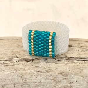 Hypoallergenic ring turquoise and white ring flexible ring square ring MiYuki Delica beads handmade image 1