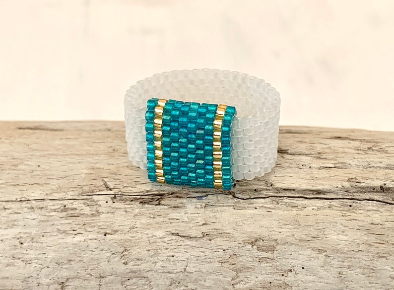 Hypoallergenic ring turquoise and white ring flexible ring square ring MiYuki Delica beads handmade image 1