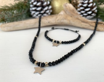 Jewelry set stars, black necklace and bracelet, in silver gold or rose gold, also available individually, great gift for women and girls