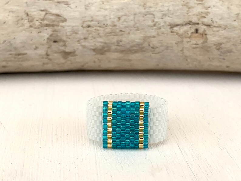 Hypoallergenic ring turquoise and white ring flexible ring square ring MiYuki Delica beads handmade image 3