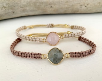 Gemstone bracelet, labradorite or rose quartz, macrame bracelet for women, adjustable length, choice of colors, gift for women