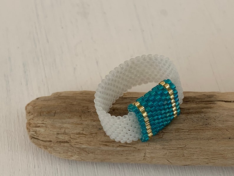 Hypoallergenic ring turquoise and white ring flexible ring square ring MiYuki Delica beads handmade image 4