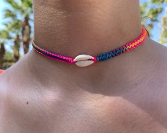 Choker shell necklace colorful, necklace neon rainbow colors, necklace with Kauri shell and 925 silver, pure holiday feeling!