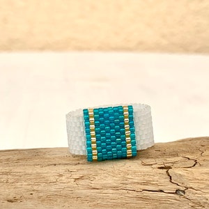 Hypoallergenic ring turquoise and white ring flexible ring square ring MiYuki Delica beads handmade image 2