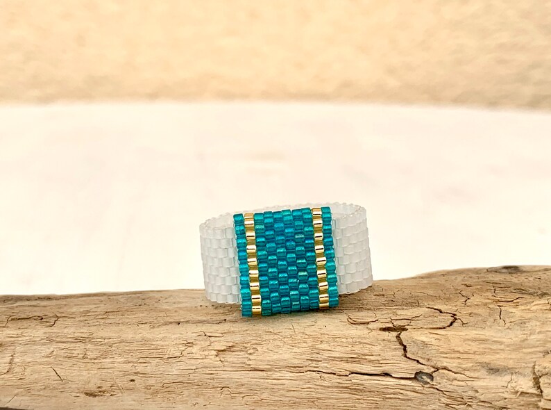 Hypoallergenic ring turquoise and white ring flexible ring square ring MiYuki Delica beads handmade image 2