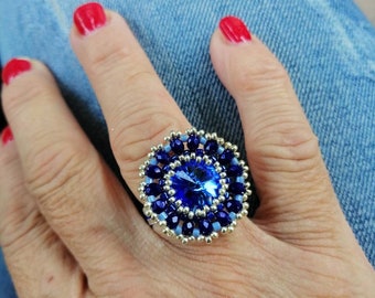 Shiny Ring Flower with Swarovski Rivoli Crystal Stone and Miyuki Delica Beads, Ring Handmade, Pearl Ring