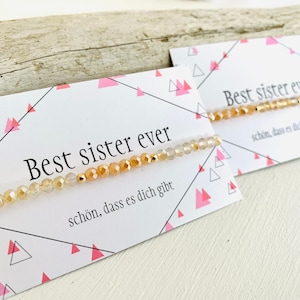 Beste Schwester Armband inkl. Karte, im Set oder einzeln, apricot und creme mit 925 Silber vergoldeten Perlen auf elastischem Band