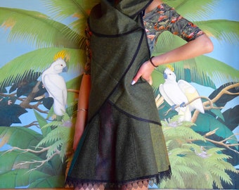 Elfen Rock Elv skirt, Dadarella, Hüftrock, Tweed, Boho skirt, festival skirt, handmade, art-deco lace, forest, tropical green