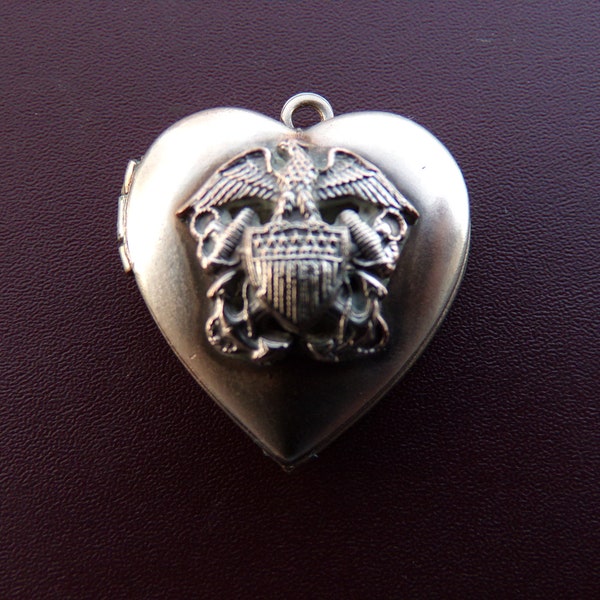 Vintage US Navy Officer Sweetheart Picture Locket Necklace Bracelet USN Naval Eagle Anchors Heart Charm Military Insignia Silver Plated