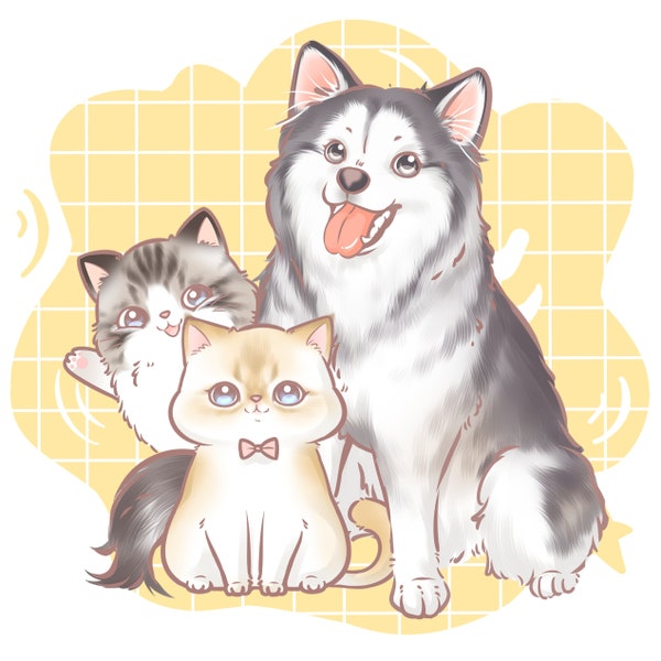 Custom Pet Portrait, Cute Chibi Cat Cartoon From Photo, Kawaii Anime Dog, Animals Digital Illustration, Art Painting Birthday Memorial Gift