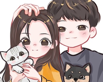 Retrato de anime personalizado, retrato de anime de dibujos animados lindo, ilustración, retrato de familia, regalo de pareja, mascota, personalizado, aniversario, cumpleaños