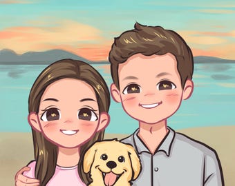 Custom Couple Portrait from Photo, Personalized Dog&Cat Portrait, Anniversary Gift for Couples, Cartoon Family Illustration,Hand-Drawn No AI