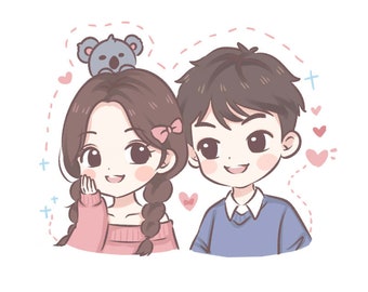 Retrato personalizado, lindo retrato de dibujos animados de anime, ilustración, retrato familiar, regalo de pareja, mascota, aniversario, cumpleaños, regalo de San Valentín