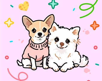 Custom Pet Portrait，Cute Chibi Cat Cartoon From Photo，Kawaii Anime Dog Animals，Digital Illustration Art Painting Birthday Gift，Profile
