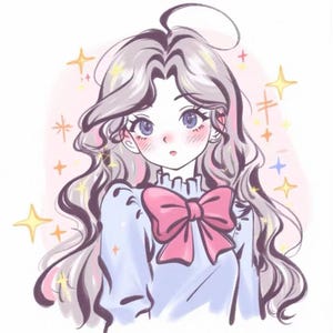 Op de afbeelding: Een digitale illustratie van een personage met lang, golvend, lichtpaars haar en een enkele krul bovenop. Het personage draagt een lichtblauw shirt met een ruchekraag en een grote roze strik bij de hals, omringd door gele en blauwe sterpictogrammen.