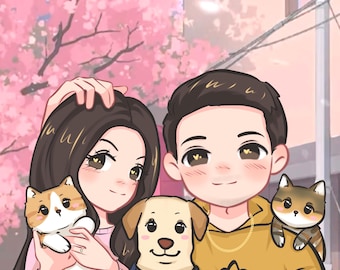 Custom Couple Portrait from Photo, Personalized Dog&Cat Portrait, Anniversary Gift for Couples, Cartoon Family Illustration,Hand-Drawn No AI