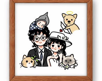 Custom Wedding Portrait with Pets,Chibi Couple Portrait from Photo,Personalized Bride and Groom Cartoon,Pet Wedding Gift, Digital Art,No AI