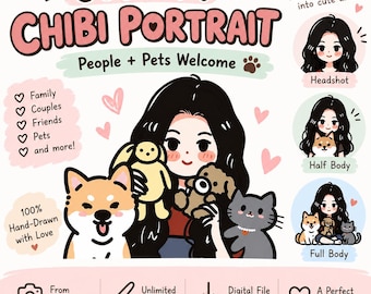 Hand-drawn Custom Chibi Portrait from Photo,Personalized Family Cartoon Portrait,Couple & Pet Illustration,Cute Digital Drawing, Custom Gift