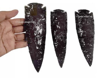 Hand Knapped Black Obsidian Arrowheads 5.5" inch, Obsidian Athame, Obsidian Knife, HUNTING KNIVES CUSTOM Handmade, Gift For Her