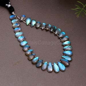 May include: A strand of teardrop-shaped labradorite beads. The beads display a range of blues, grays, and iridescent flashes. The beads are strung on a thin, silver-colored wire, with a black tassel at the top. The beads are approximately 1 cm in length.