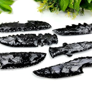 May include: A collection of seven black obsidian arrowheads, each with a unique shape and textured surface. The arrowheads are arranged on a white surface, with green foliage in the background. The obsidian has a glossy, reflective quality.