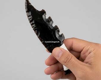 10" Hand Knapped Black Obsidian Crystal Knife, Obsidian Athame, HUNTING KNIVES CUSTOM Handmade, Lava Blade White Thread Gift For Hunters.