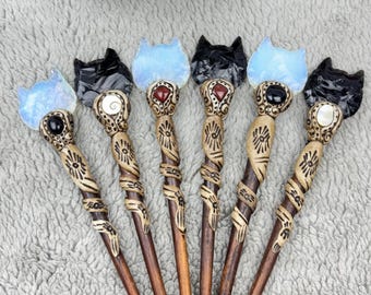Cat hair stick Crescent Cat Head Shape Hair Stick Crystal Healing Stone Hair Stick Black Obsidian Hair Stick Carved Opalite stick mom gift