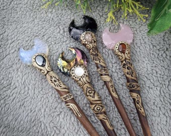 Moon hair stick Crescent Moon Shape Hair Stick Crystal Healing Stone Hair Stick Rose Quartz Black Obsidian Hair Stick Carved Opalite stick