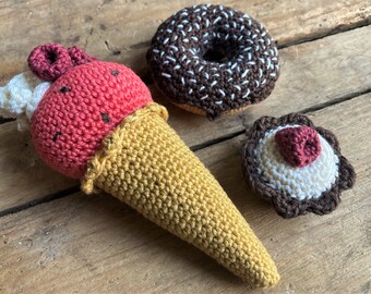 gehäkeltes Süßigkeiten-Set * Eis * Donut * Kuchen * Kinderküche und Kaufmannsladen * Montessori * Handmade * Lebensmittel für Spielküche