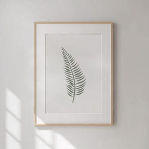 Op de afbeelding: Een ingelijste print van een enkel, gestileerd varenblad in een gedempte groene kleur tegen een witte achtergrond.