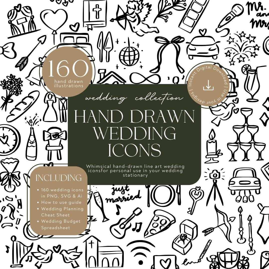 160 Hand Drawn Wedding Icons | SVG PNG AI Clipart (digital Download) - Etsy