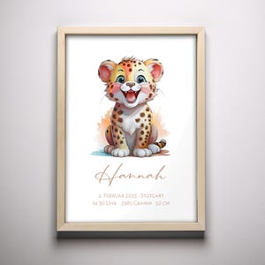 Personalisierbares Neugeborenen-Poster – Tiere, Name & Geburtsdaten – A4 (21x29,7 cm), A3 (29,7x42 cm), mit/ohne Holzrahmen-Leopard