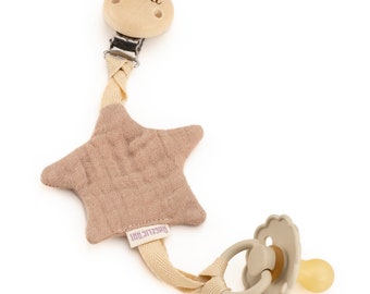 Muslin pacifier holder for babies⎮Personalized pacifier chain⎮Wood - natural⎮with muslin fabric/cotton⎮Natural star