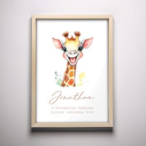 Personalisierbares Neugeborenen-Poster – Tiere, Name & Geburtsdaten – A4 (21x29,7 cm), A3 (29,7x42 cm), mit/ohne Holzrahmen-Giraffe