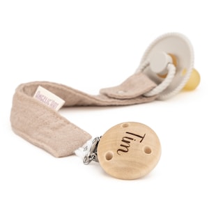 Pacifier strap with engraved names for babiesgirls and boyswood naturalPersonalized pacifier chainnatural image 1