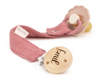 Pacifier strap with engraved names for babies⎮girls and boys⎮wood - natural⎮Personalized pacifier chain⎮old pink