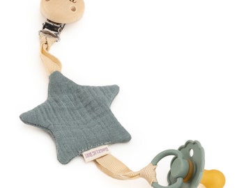 Muslin pacifier holder for babies⎮Personalized pacifier chain⎮Wood - natural⎮with muslin fabric/cotton⎮Dark mint star