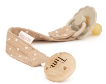 Pacifier strap with engraved names for babies⎮Girls and boys⎮Wood - natural⎮Personalized pacifier chain⎮Natural dotted