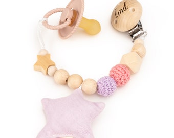 Pacifier chain with engraved names for babies⎮Personalized pacifier chain⎮Wood - natural⎮with muslin fabric/cotton⎮Pink star