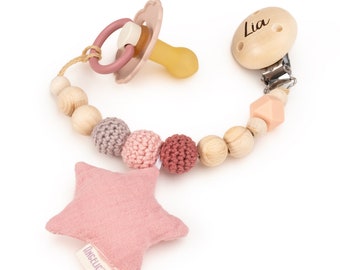 Pacifier chain with engraved names for babies⎮Personalized pacifier chain⎮Wood - natural⎮with muslin fabric/cotton⎮Old pink star