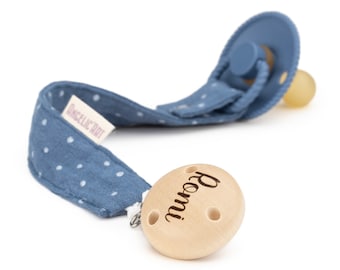 Pacifier strap with engraved names for babies⎮Girls and boys⎮Wood - Natural⎮Personalized pacifier chain⎮Indigo dots