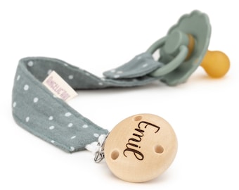 Pacifier strap with engraved names for babies⎮Girls and boys⎮Wood - natural⎮Personalized pacifier chain⎮Dark mint dots