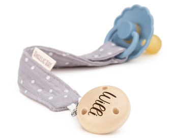 Pacifier strap with engraved names for babies⎮Girls and boys⎮Wood - Natural⎮Personalized pacifier chain⎮Grey-dotted